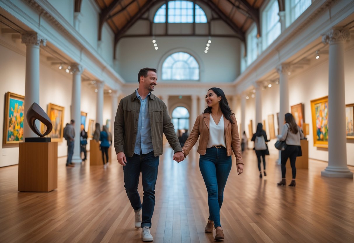 A couple walking hand-in-hand inside an art museum gallery surrounded by paintings and sculptures.