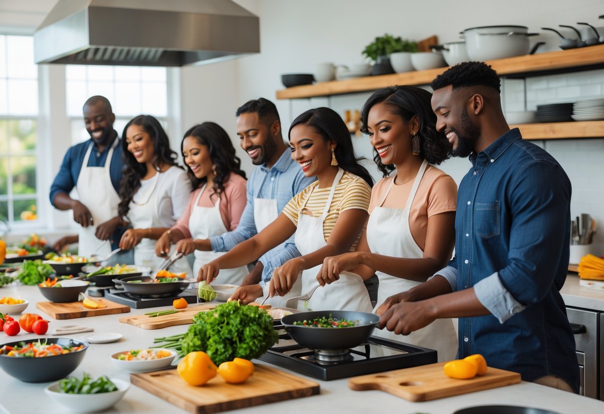 Couples cooking together in a modern kitchen, preparing food and smiling during a cooking class.