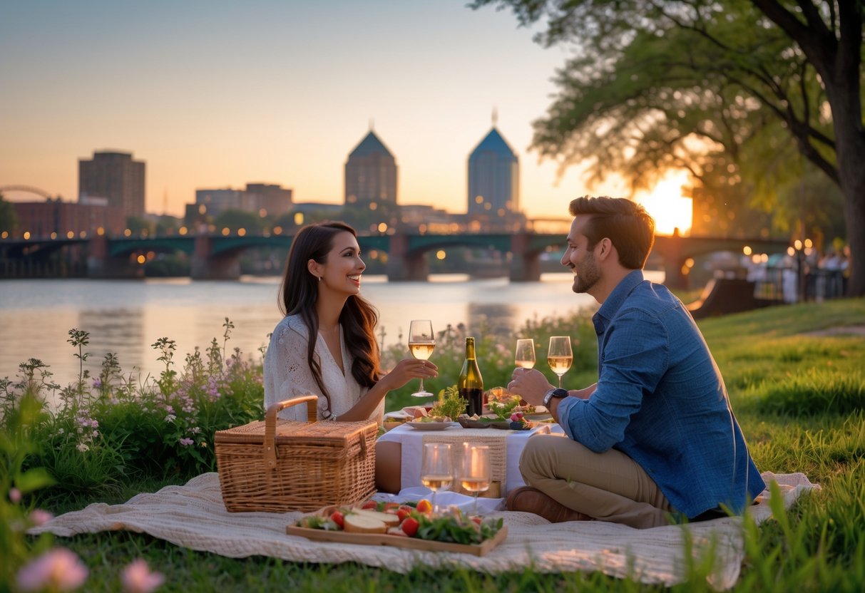 A young couple enjoying a picnic near a river with the Richmond city skyline in the background during early evening.
