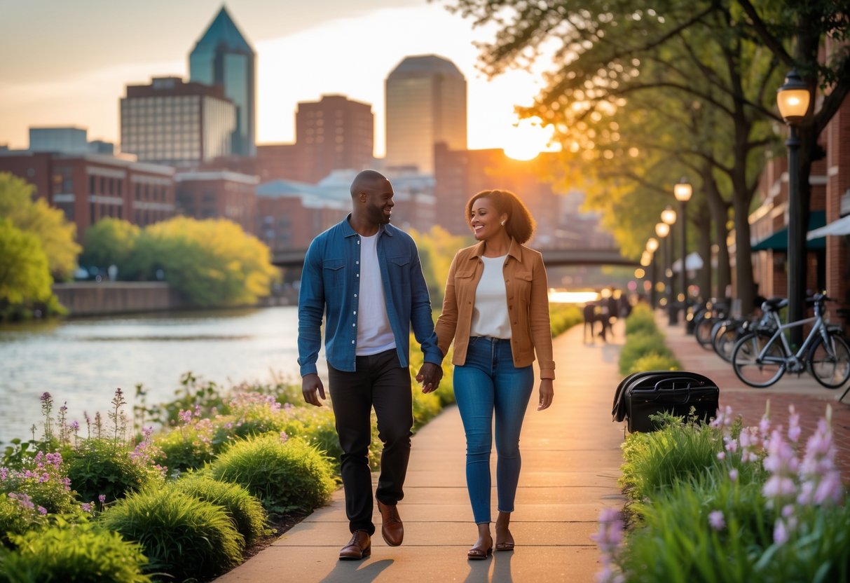 A couple walking hand-in-hand along a riverside trail in Richmond, Virginia, with the city skyline and greenery in the background during sunset.
