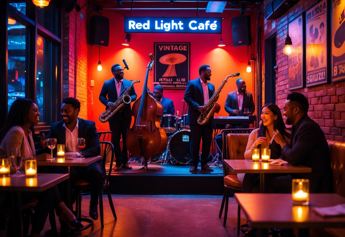 Couples enjoying live jazz music at a cozy café with warm lighting and a small band performing on stage.