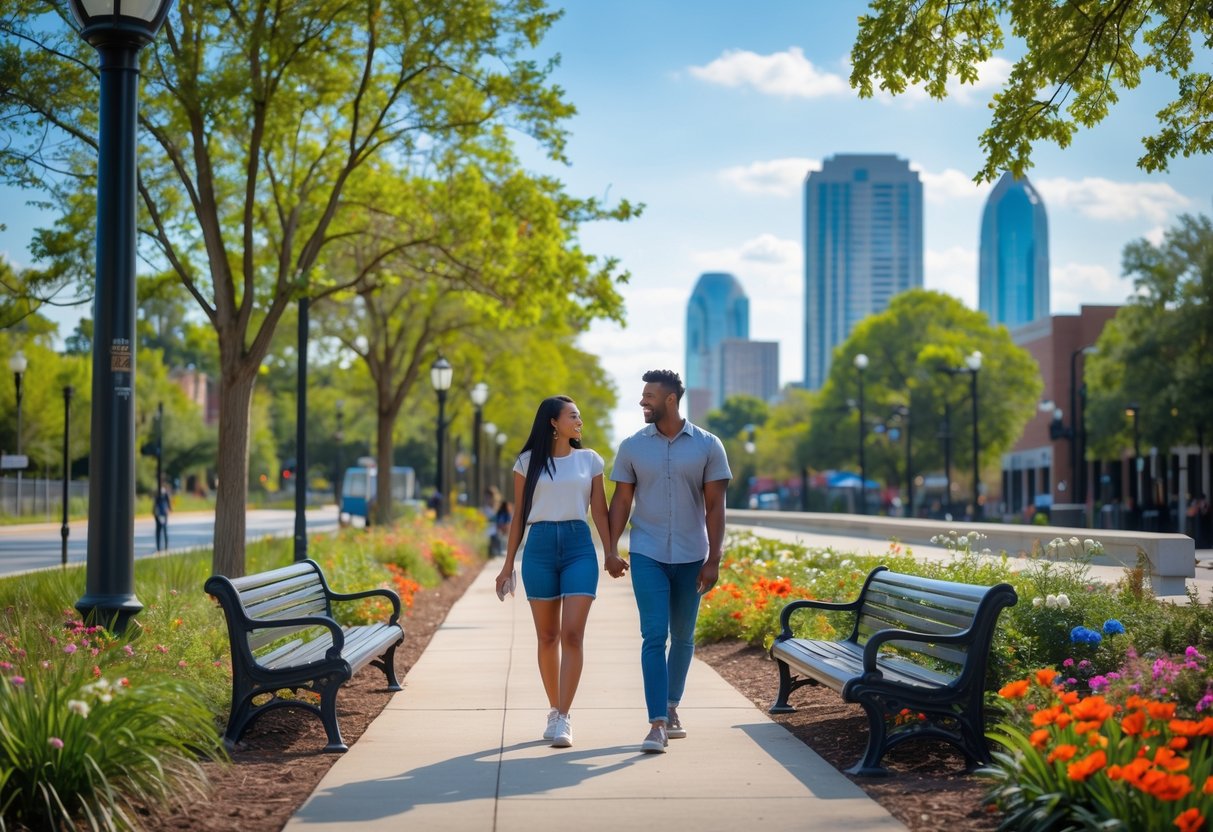 A young couple walking hand in hand on a tree-lined path with greenery and city buildings in the background.