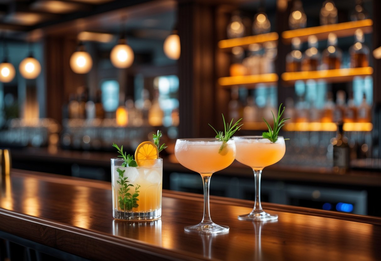 Two craft cocktails on a wooden bar counter in an upscale bar with warm lighting and a blurred background.