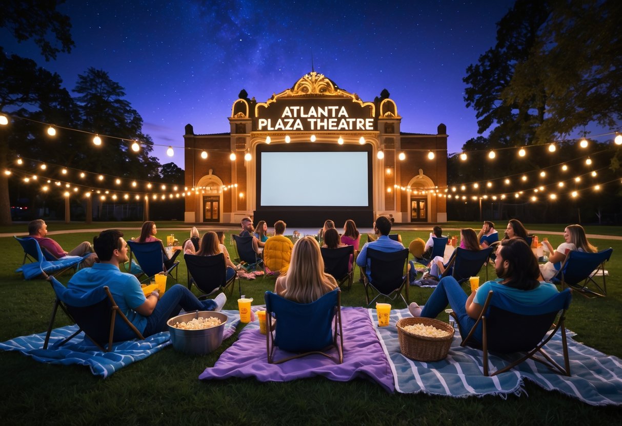 Couples and friends watching an outdoor movie in front of the Plaza Theatre at twilight with string lights and picnic blankets.