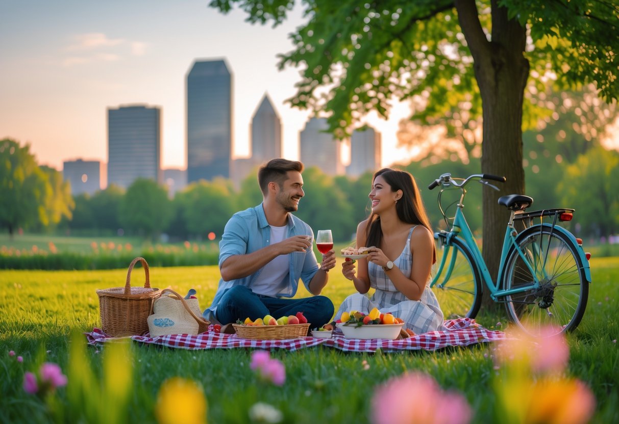 A young couple enjoying a picnic in a green park with the Indianapolis skyline in the background during sunset.