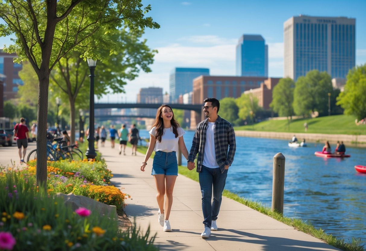 A young couple walking hand-in-hand along a riverfront park with trees, flowers, and city buildings in the background.