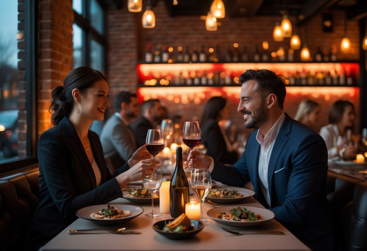 A couple enjoying a romantic dinner together at a cozy restaurant with warm lighting and elegant table settings.