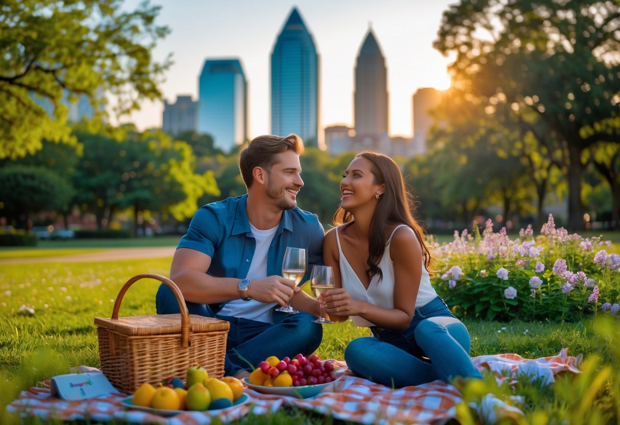 A young couple having a picnic in a park with the Atlanta skyline in the background during sunset.