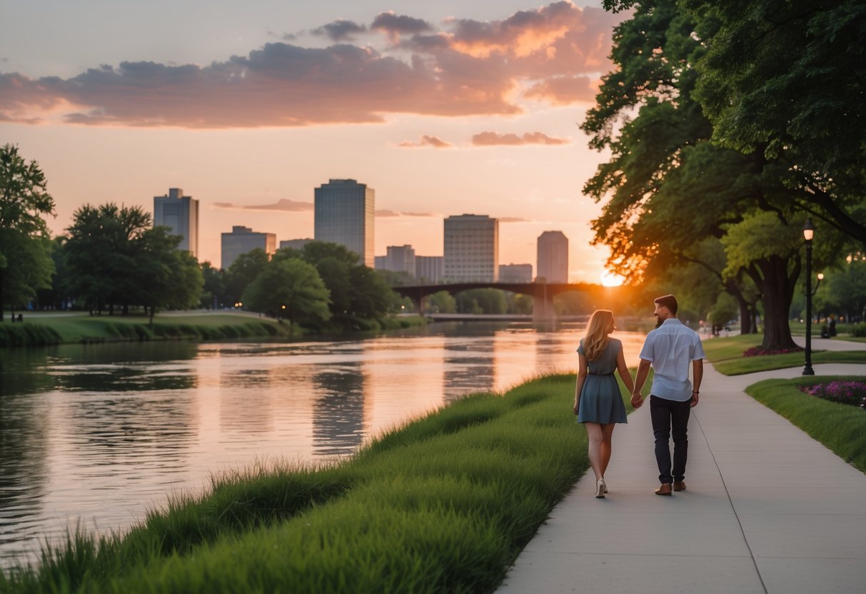 A couple walking hand-in-hand along a river at sunset in a park with trees and a distant city skyline.