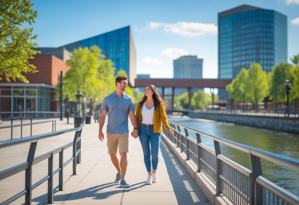 A young couple walking hand-in-hand along the riverfront near a modern museum building on a sunny day.