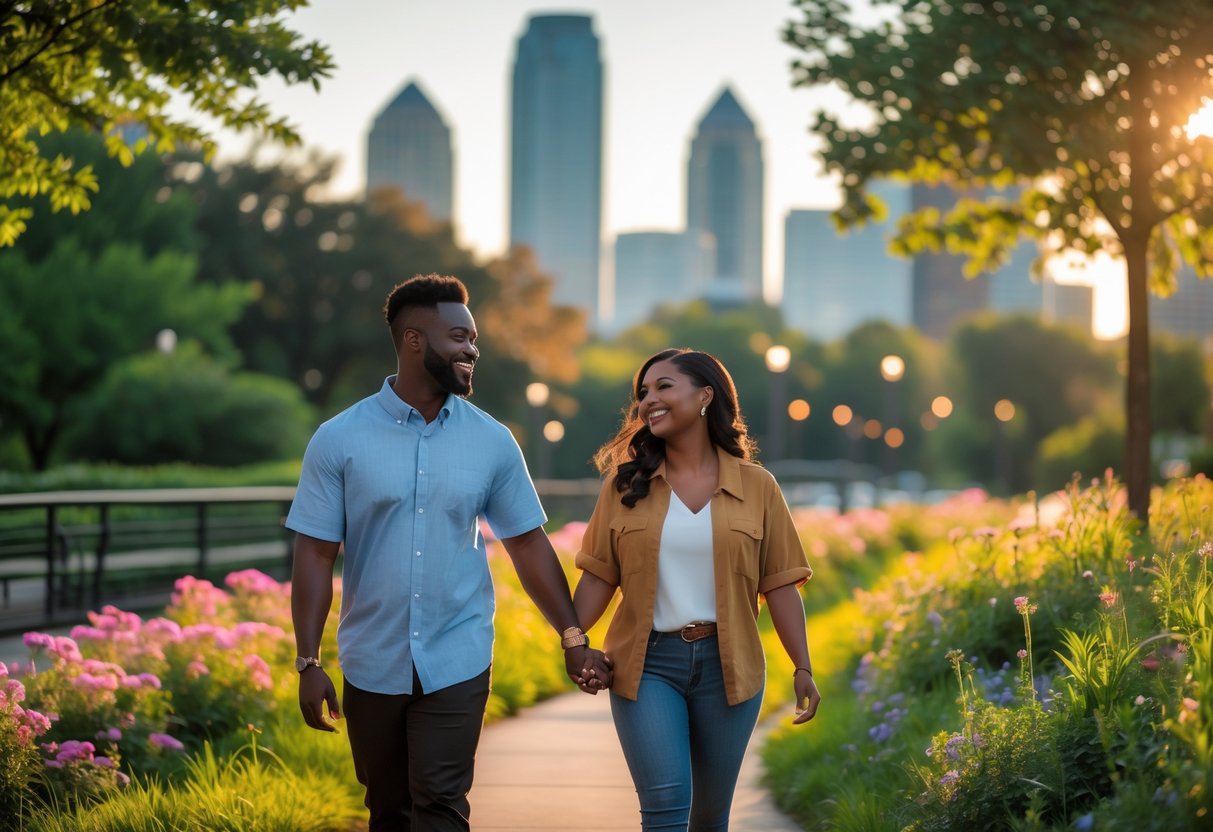 A couple walking hand in hand along a tree-lined trail with the Atlanta skyline in the background during sunset.