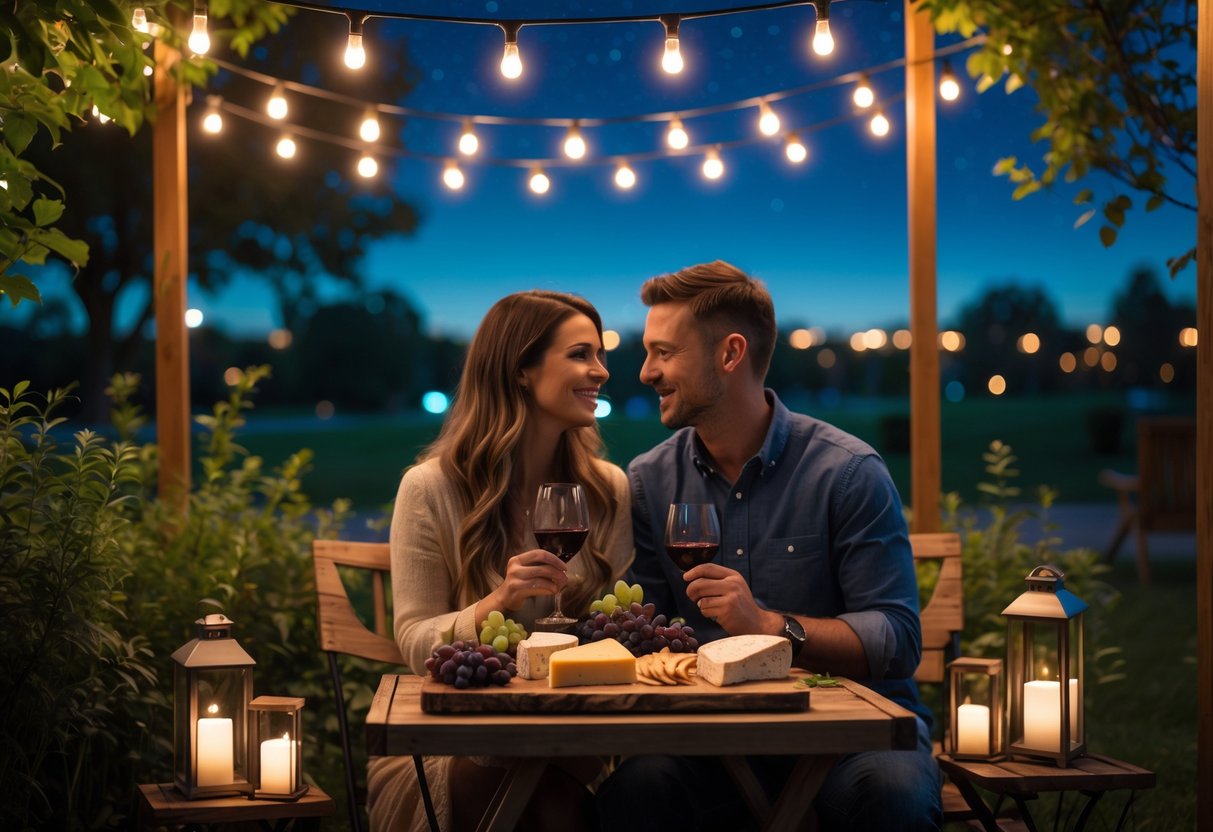 A couple enjoying wine and cheese at a small table outdoors under a starry night sky with string lights and greenery around them.
