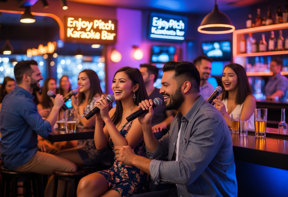 A couple singing karaoke together in a lively bar with warm lighting and people enjoying drinks around them.