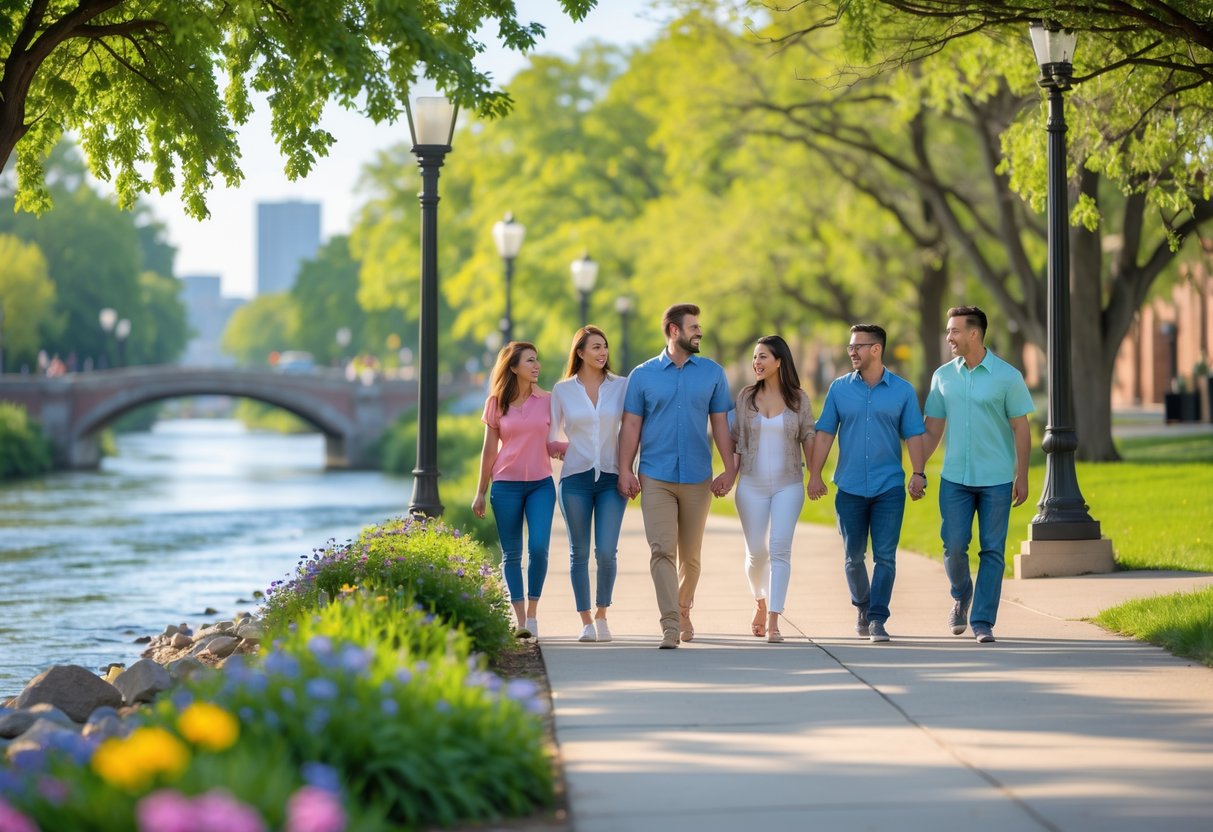 Couples walking along a riverfront path surrounded by trees and flowers with a city skyline in the background.