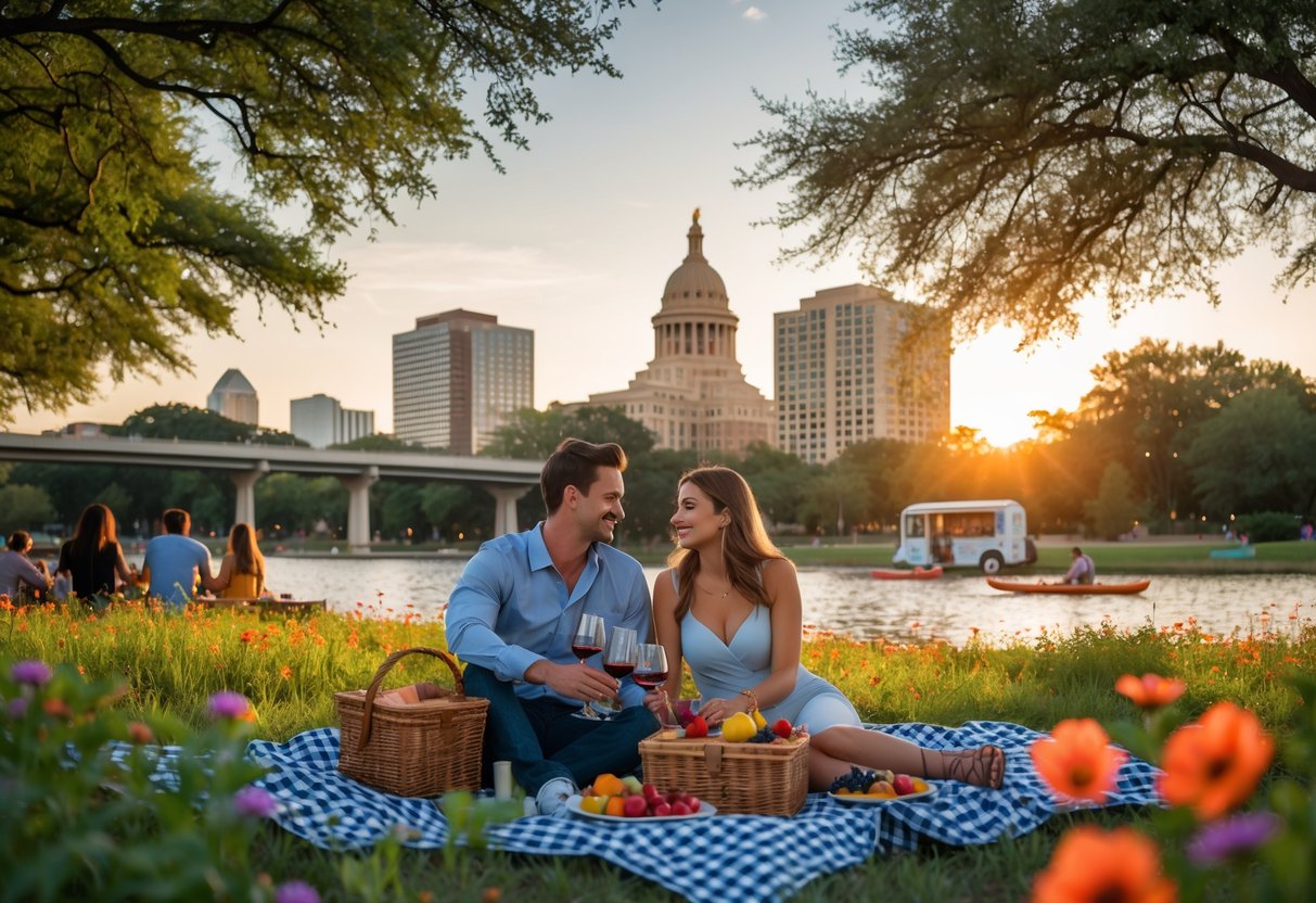 A young couple having a picnic in a park with the Austin skyline and Texas State Capitol in the background during sunset.
