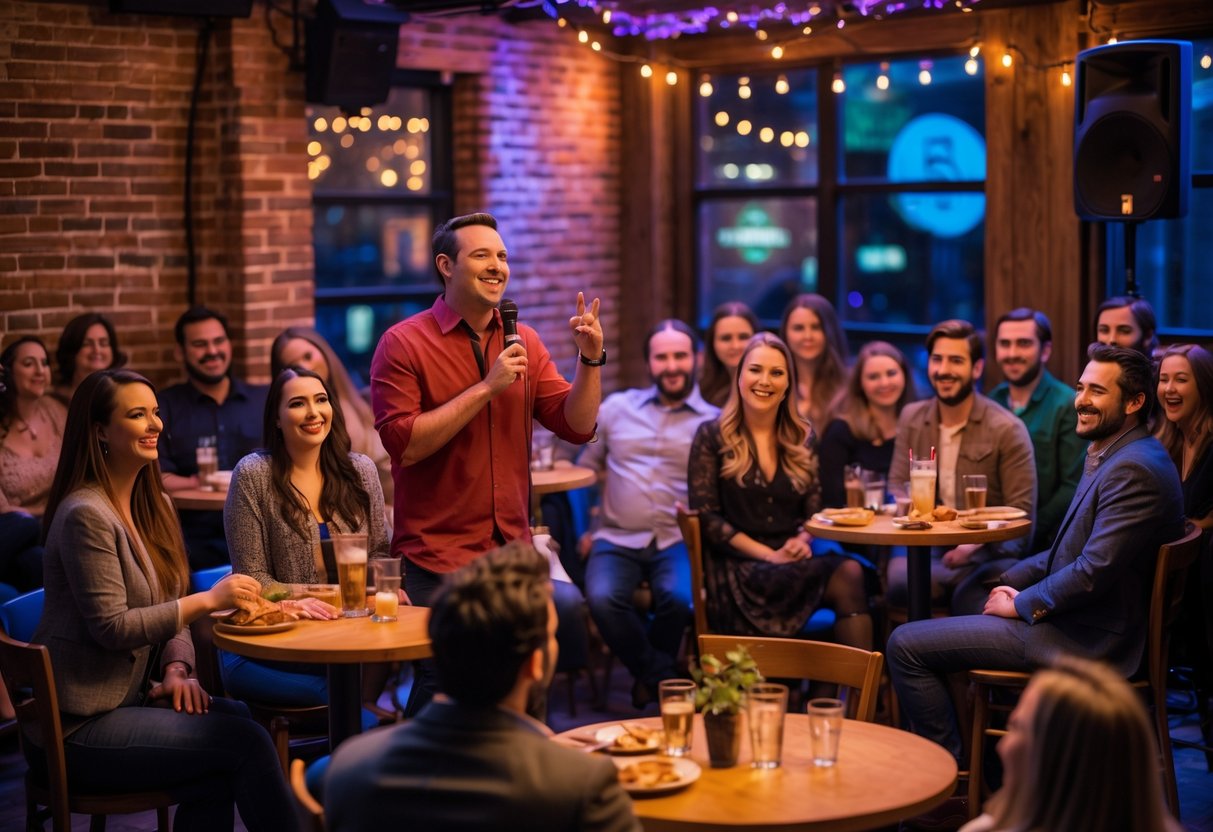 Couples and friends enjoying a comedy show at a cozy venue with a comedian performing on stage.