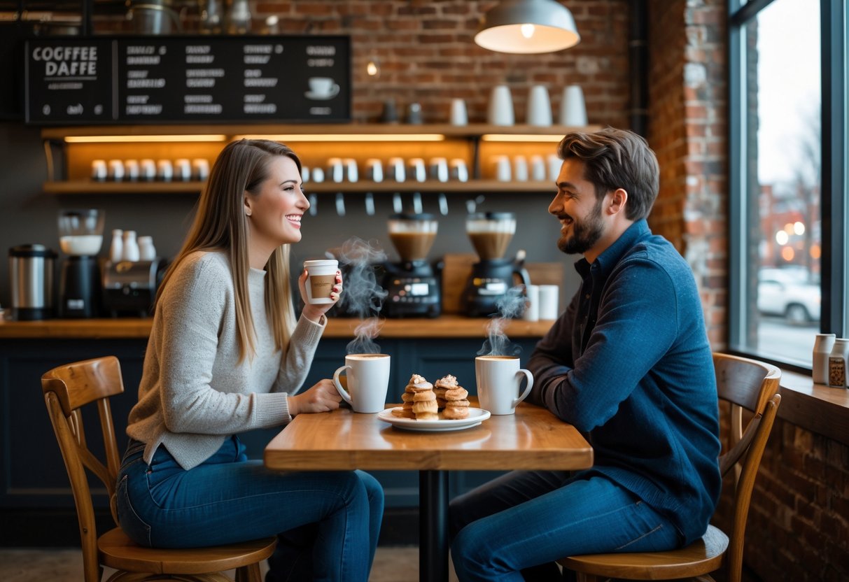 A young couple sitting at a small table in a coffee shop, smiling and enjoying coffee together.