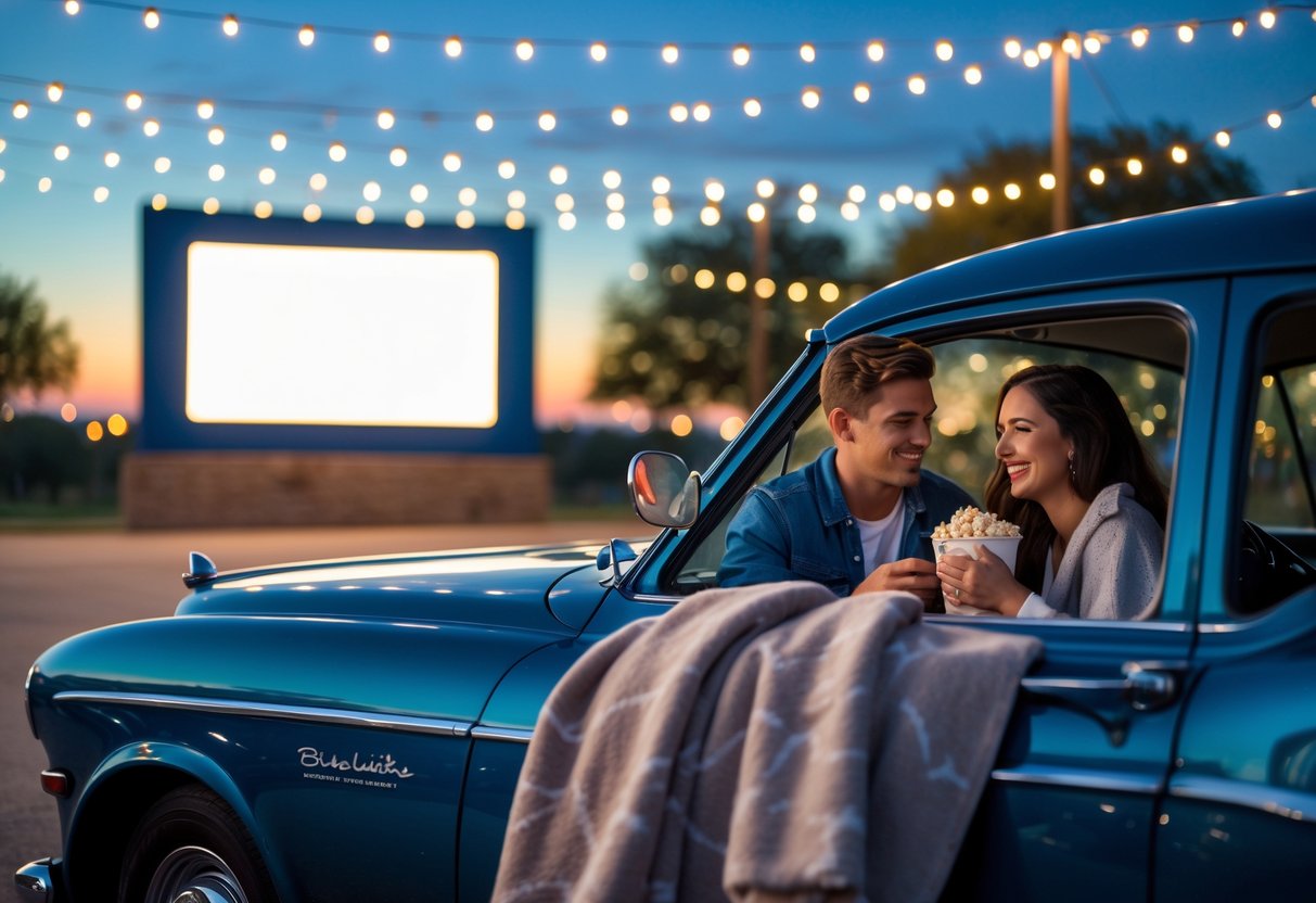 A couple sitting in a vintage car at an outdoor drive-in movie theater with a large screen and city skyline in the background.