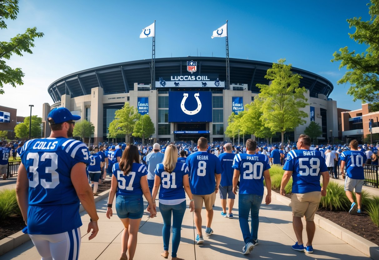 Fans walking towards Lucas Oil Stadium in Indianapolis on a Colts game day, with the stadium and trees in the background.