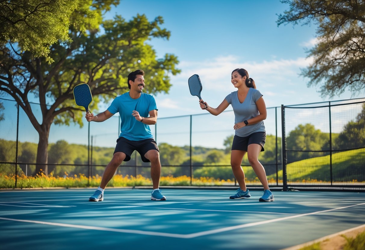 A young couple playing pickleball on an outdoor court surrounded by trees and greenery on a sunny day.