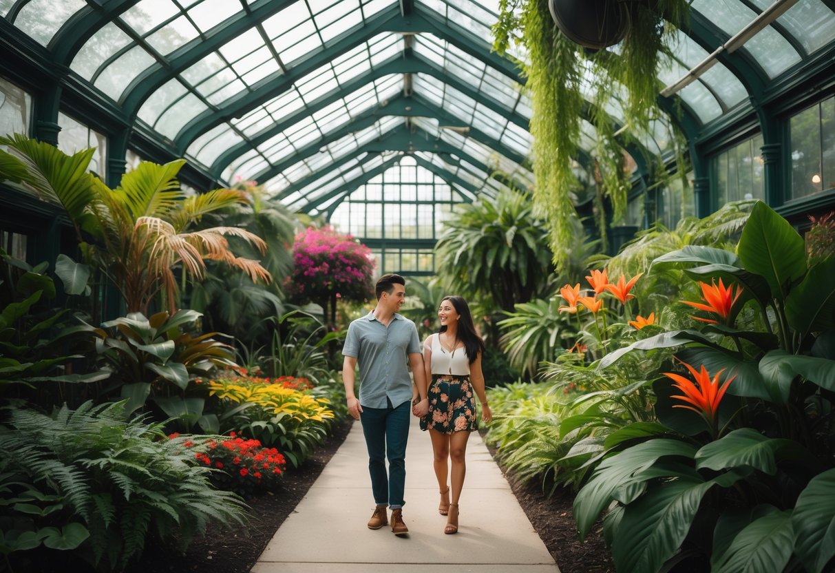 A young couple walking and smiling inside a lush conservatory filled with tropical plants and natural sunlight.