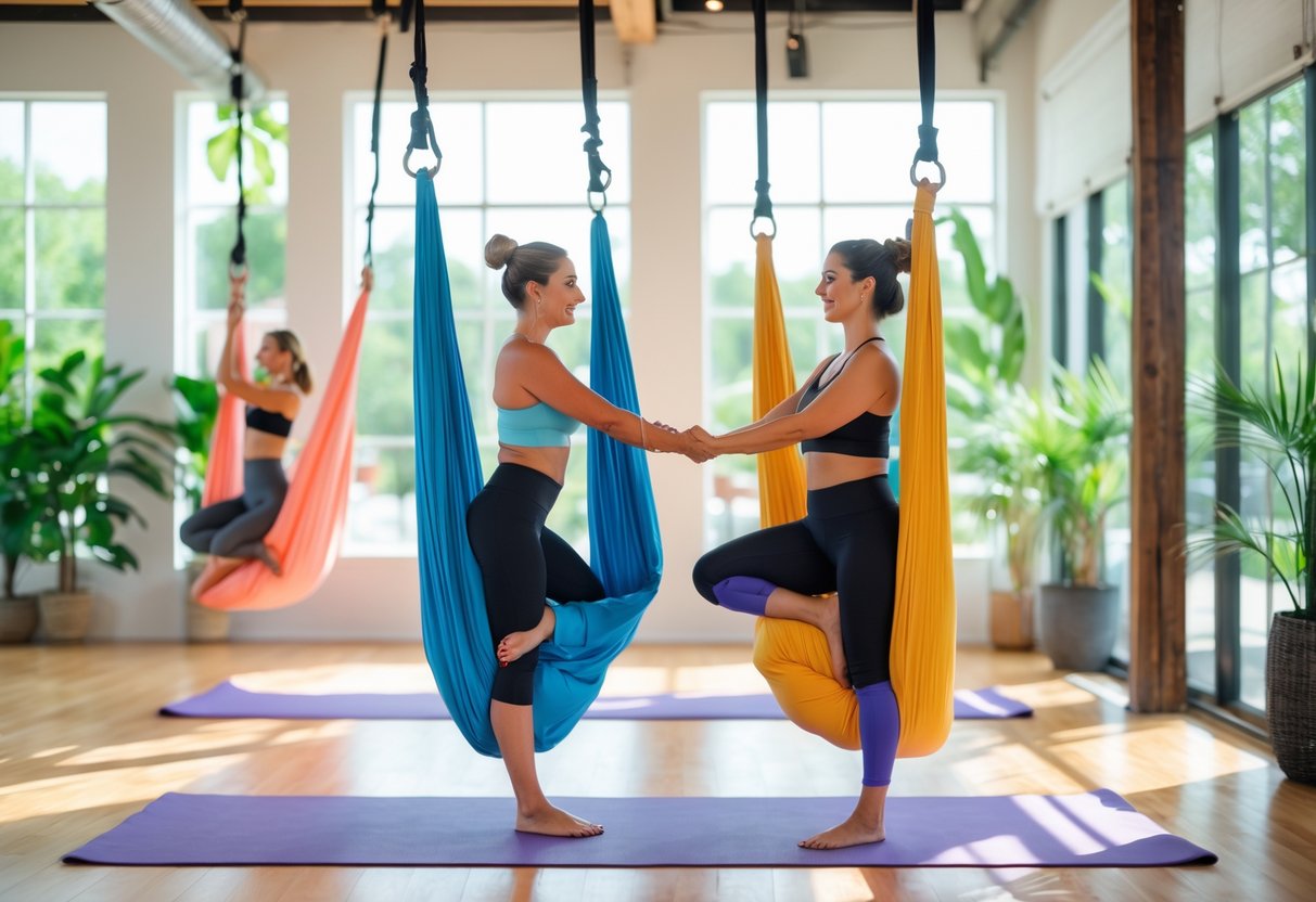 A couple practicing aerial yoga together in a bright studio with colorful hammocks and natural light.