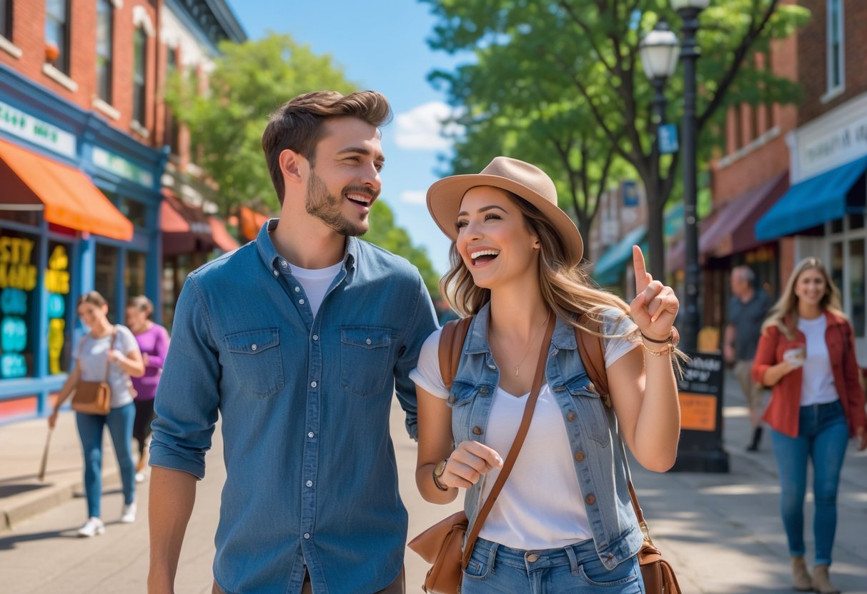 A young couple walking and smiling on a city street in Peoria, Illinois, enjoying a playful scavenger hunt on a sunny day.