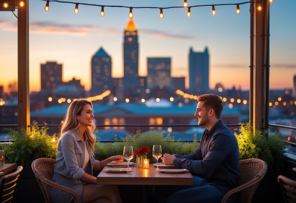 A young couple enjoying a romantic outdoor dinner with the Indianapolis skyline in the background during sunset.