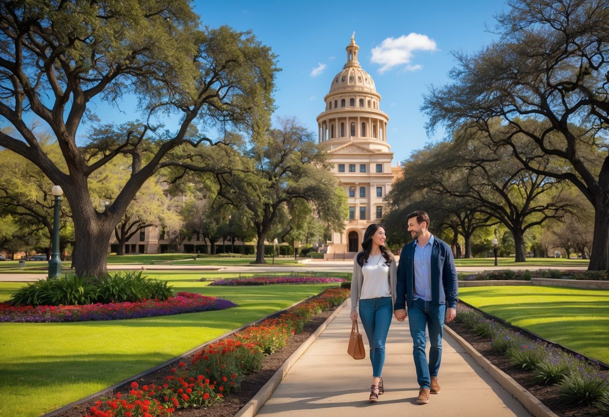 A young couple walking hand-in-hand on a pathway near the Texas State Capitol building surrounded by green lawns and trees on a sunny day.