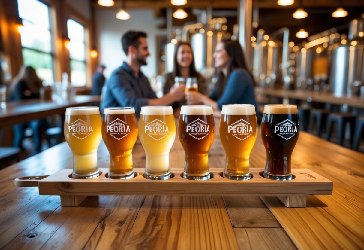 A selection of sample craft beers on a wooden tasting paddle inside a cozy brewery with a couple enjoying their drinks in the background.