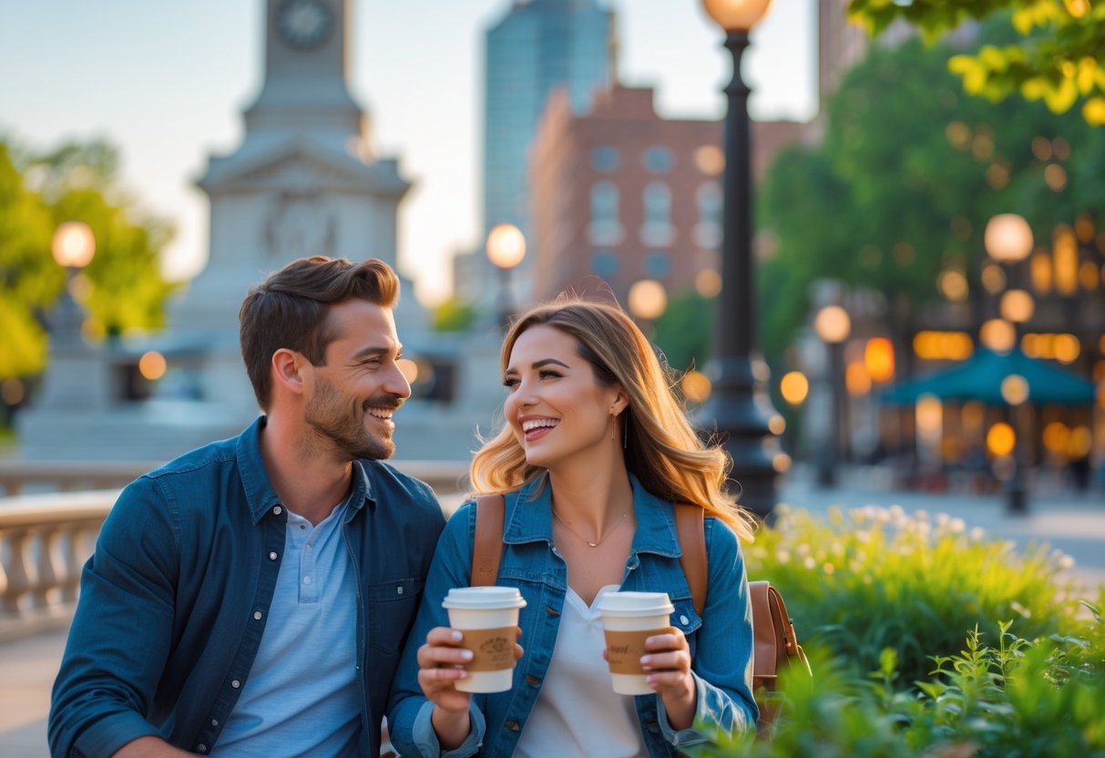 A couple enjoying a date outdoors in Indianapolis near a city landmark during late afternoon.