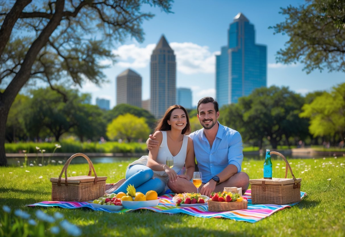 A couple having a picnic on a blanket in a green park with city skyline in the background.