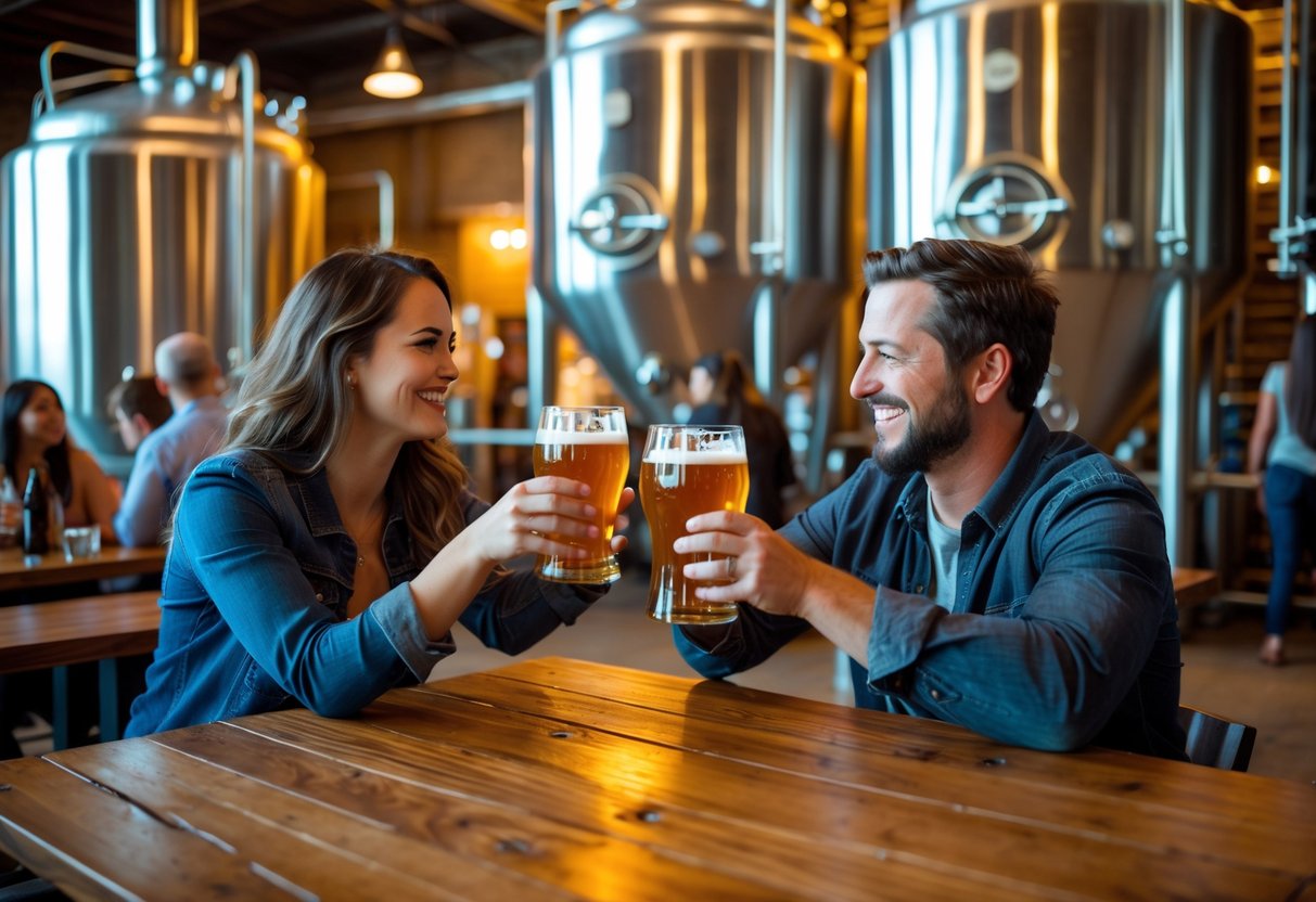 A couple clinking glasses of craft beer inside a brewery with brewing tanks and wooden tables in the background.