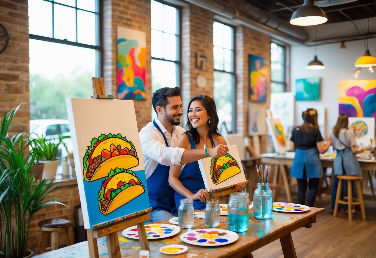 A couple painting colorful tacos on canvases inside a bright art studio with other people painting in the background.