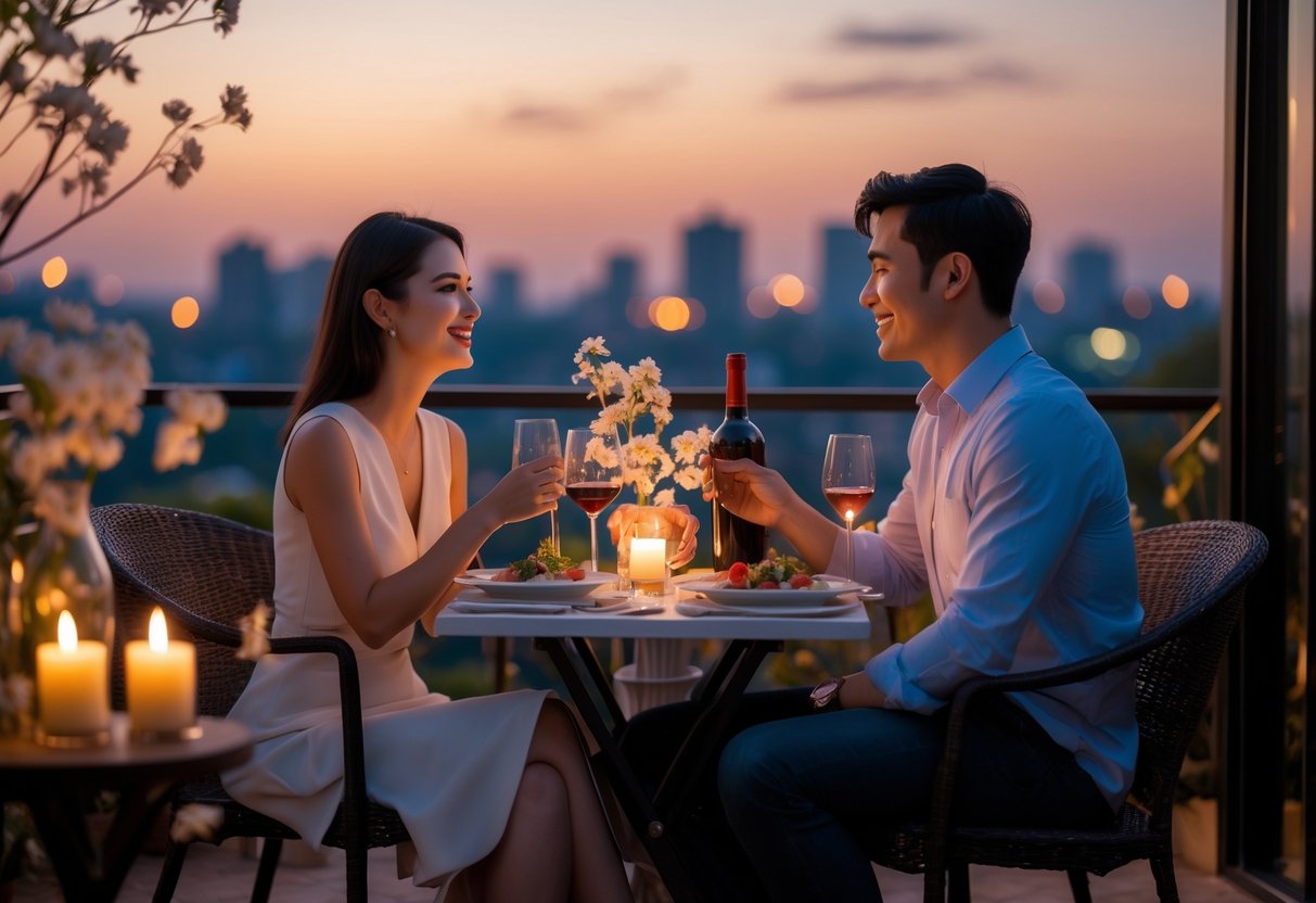A young couple enjoying an outdoor dinner at dusk with candlelight and city lights in the background.