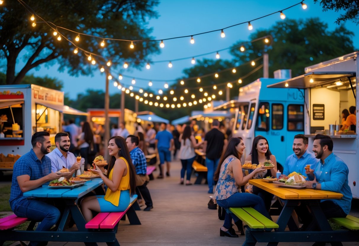 Couples and friends enjoying food and drinks at picnic tables in a busy food truck park with colorful trucks and string lights at dusk.