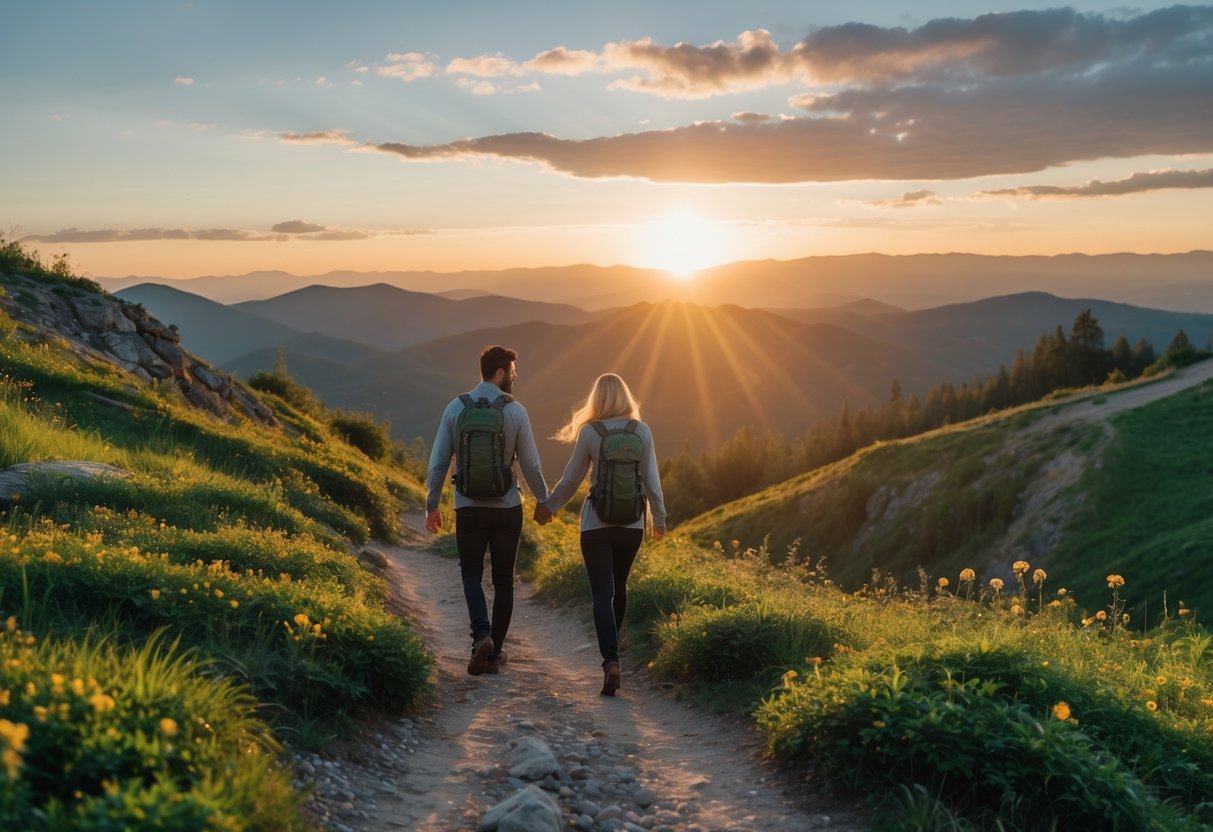 A couple hiking hand in hand on a mountain trail at sunset with hills and wildflowers in the background.