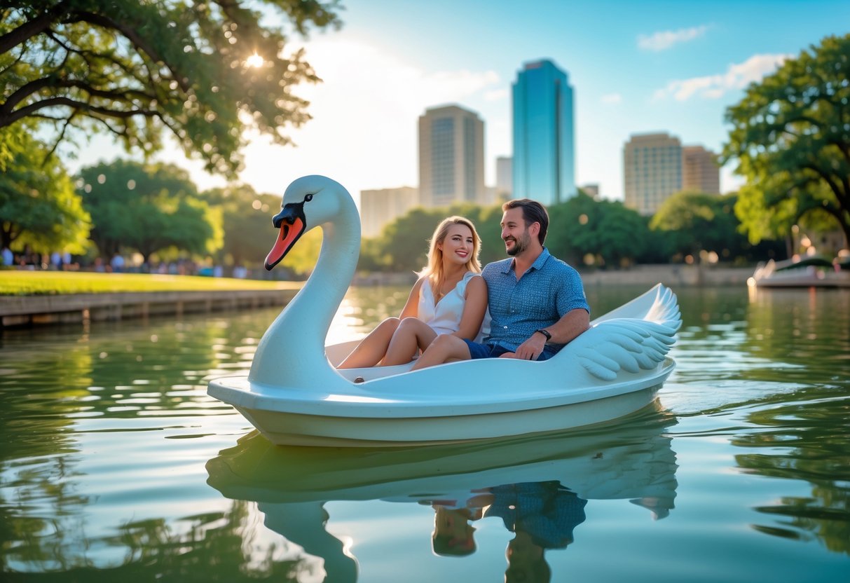 A couple riding a swan paddle boat on a lake with trees and city skyline in the background.