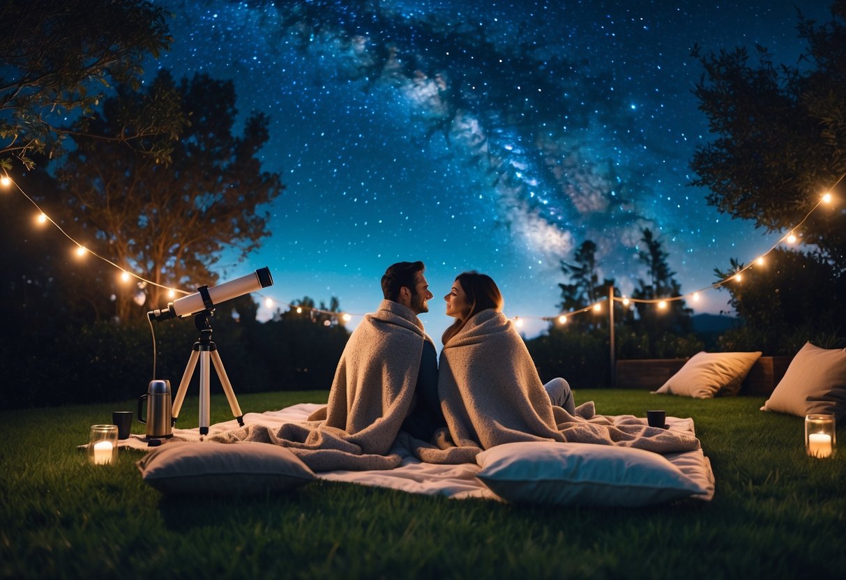 A couple wrapped in blankets sitting on a picnic blanket in a backyard at night, looking up at a star-filled sky with a telescope nearby.