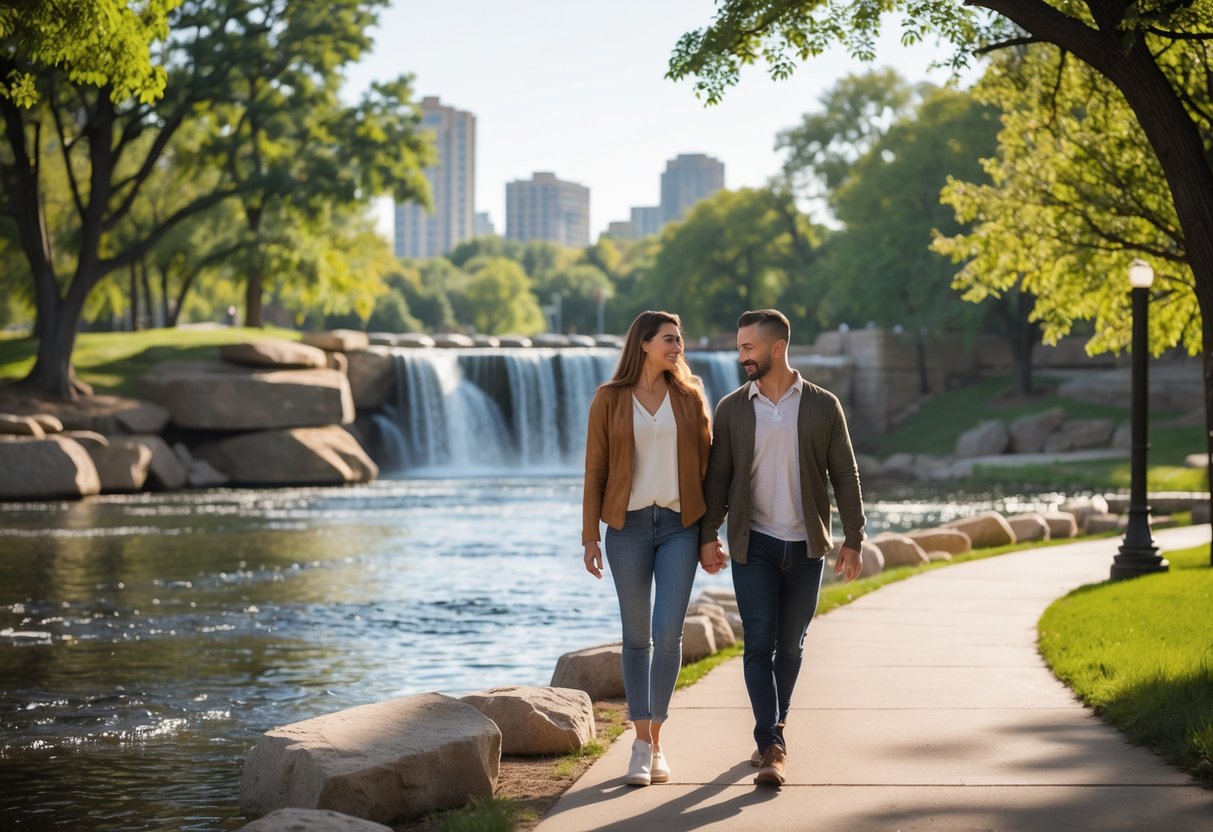 A couple walking hand in hand near waterfalls surrounded by trees and rocks in a park.