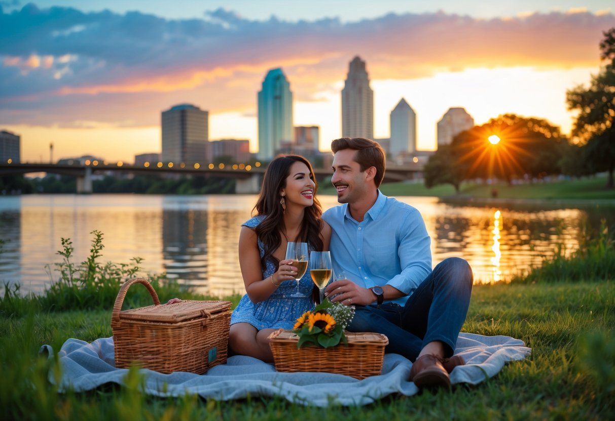 A young couple having a picnic by a lake with the Austin city skyline and bridge in the background during sunset.