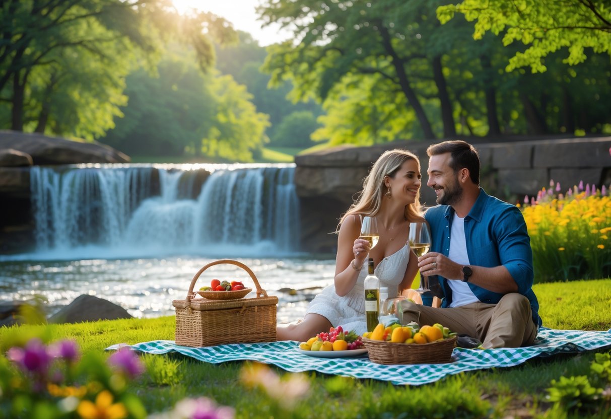 A couple having a picnic near waterfalls surrounded by trees and greenery in a park.