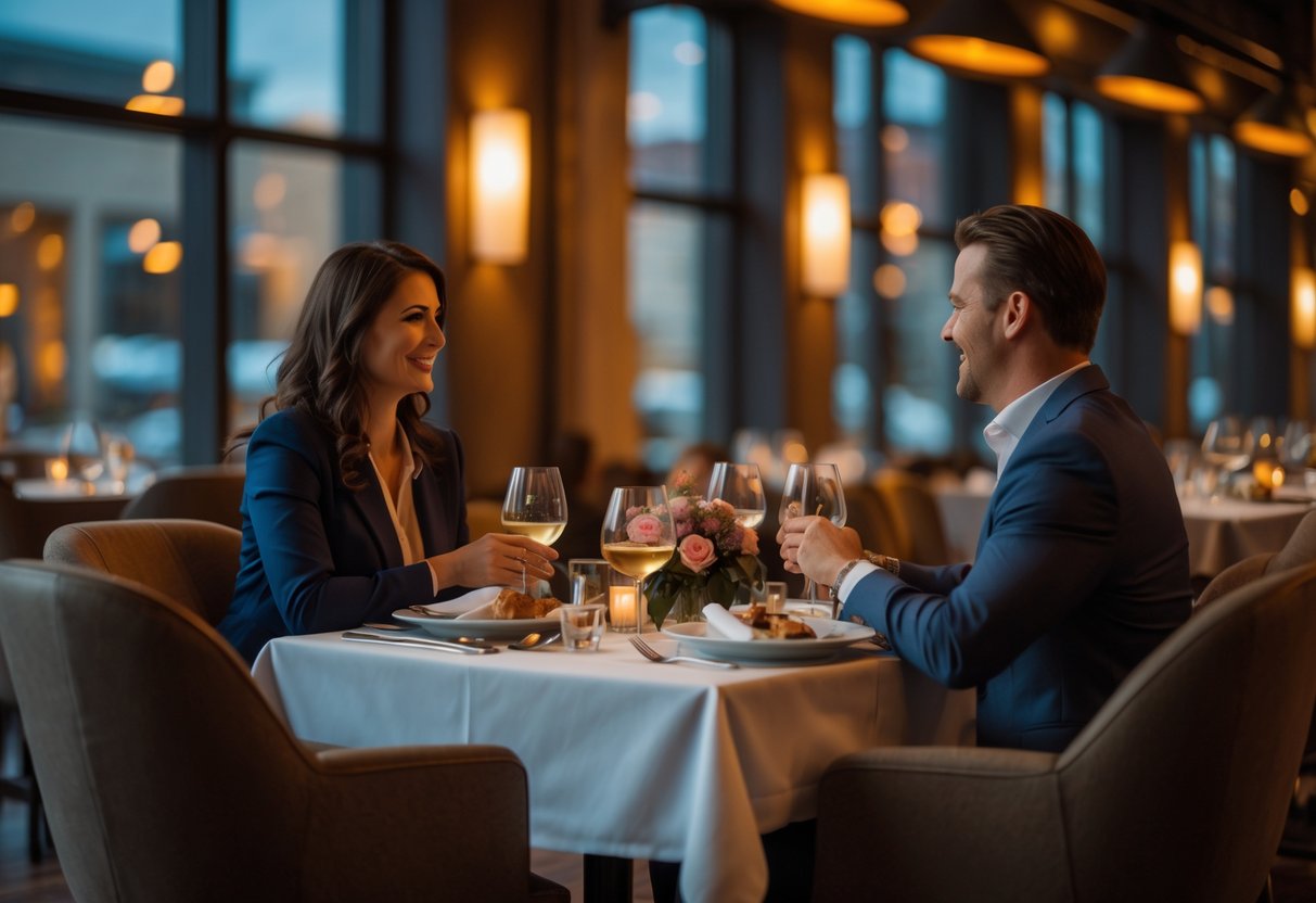 A couple enjoying a romantic dinner at a cozy downtown restaurant with warm lighting and elegant table settings.