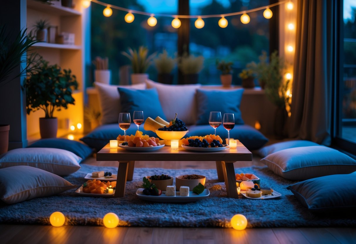 A cozy indoor picnic setup with a low table, cushions, fairy lights, and an assortment of food and drinks in a softly lit living room.