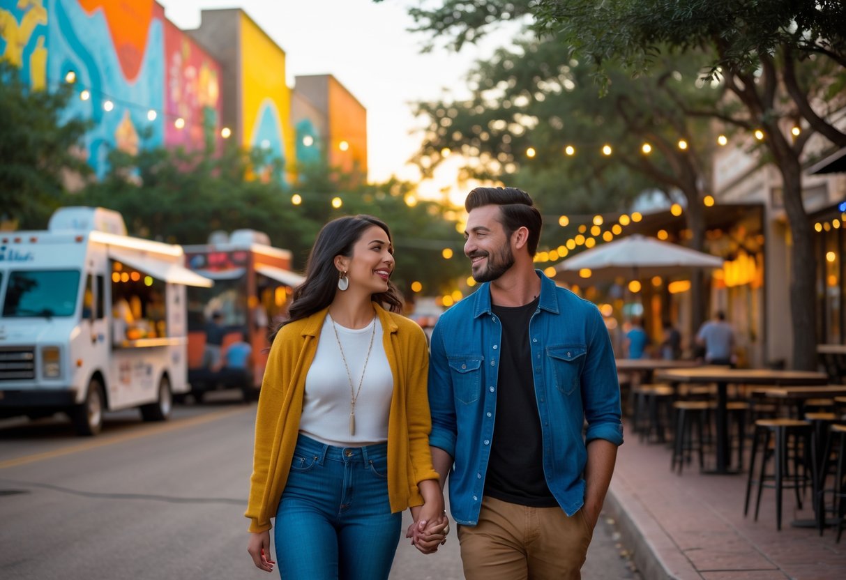 A young couple walking hand-in-hand on a lively Austin street with colorful murals, food trucks, and live music performers in the background.