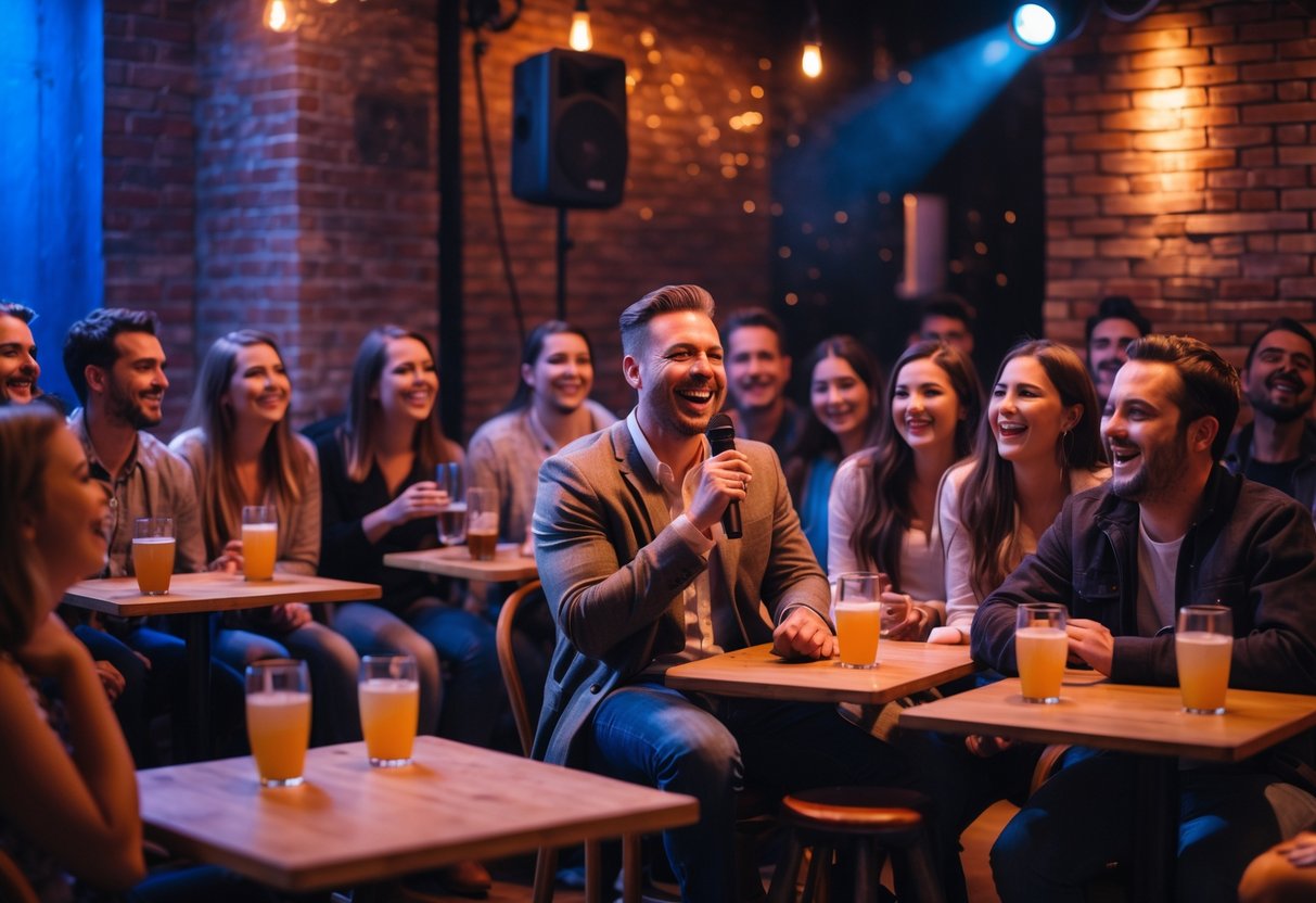 Couples and friends laughing and enjoying a comedy show at a local club with a comedian performing on stage.