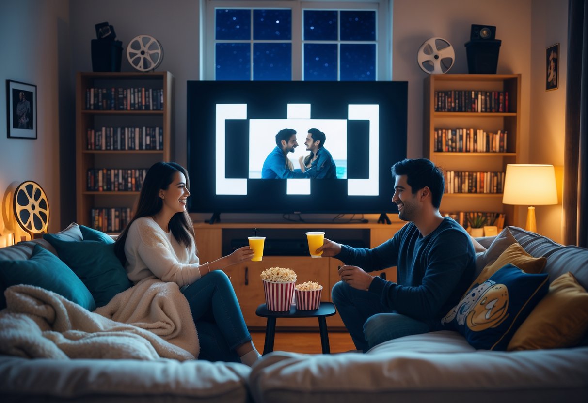 A couple sitting on a sofa watching a movie on TV with popcorn and drinks in a cozy living room at night.