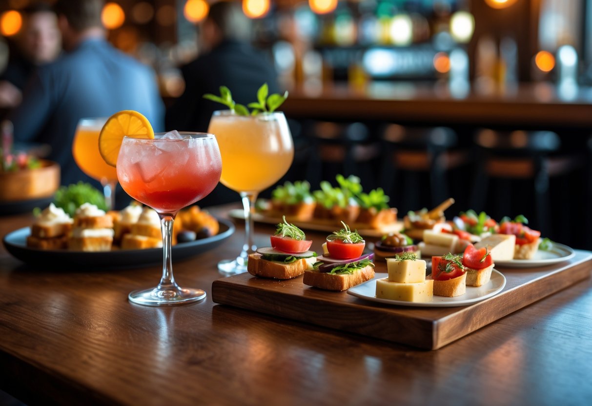 A table with colorful cocktails and small plates of food in a cozy bar setting.
