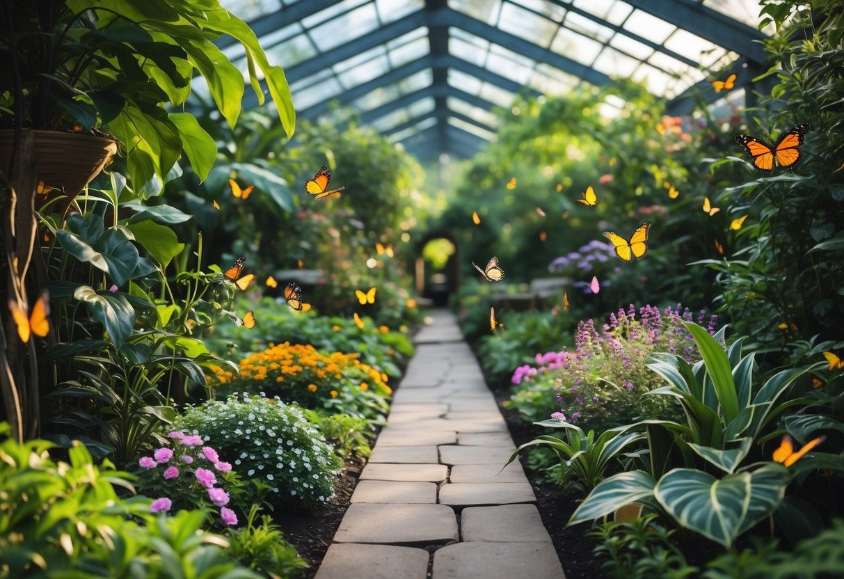 Indoor garden at Sertoma Butterfly House with colorful flowers, green plants, and butterflies flying around.