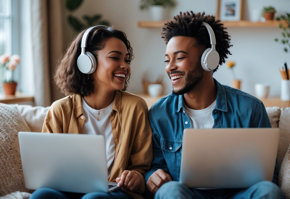 A young couple smiling and talking to each other on video call from their separate rooms.
